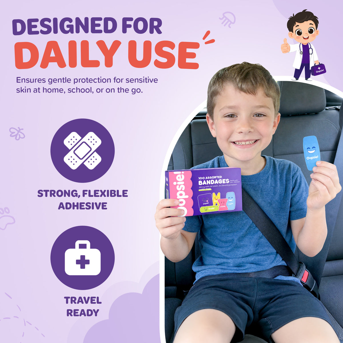 Oopsie Kids Adhesive Bandages - 100 Count, Assorted Sterile Latex-Free Designs