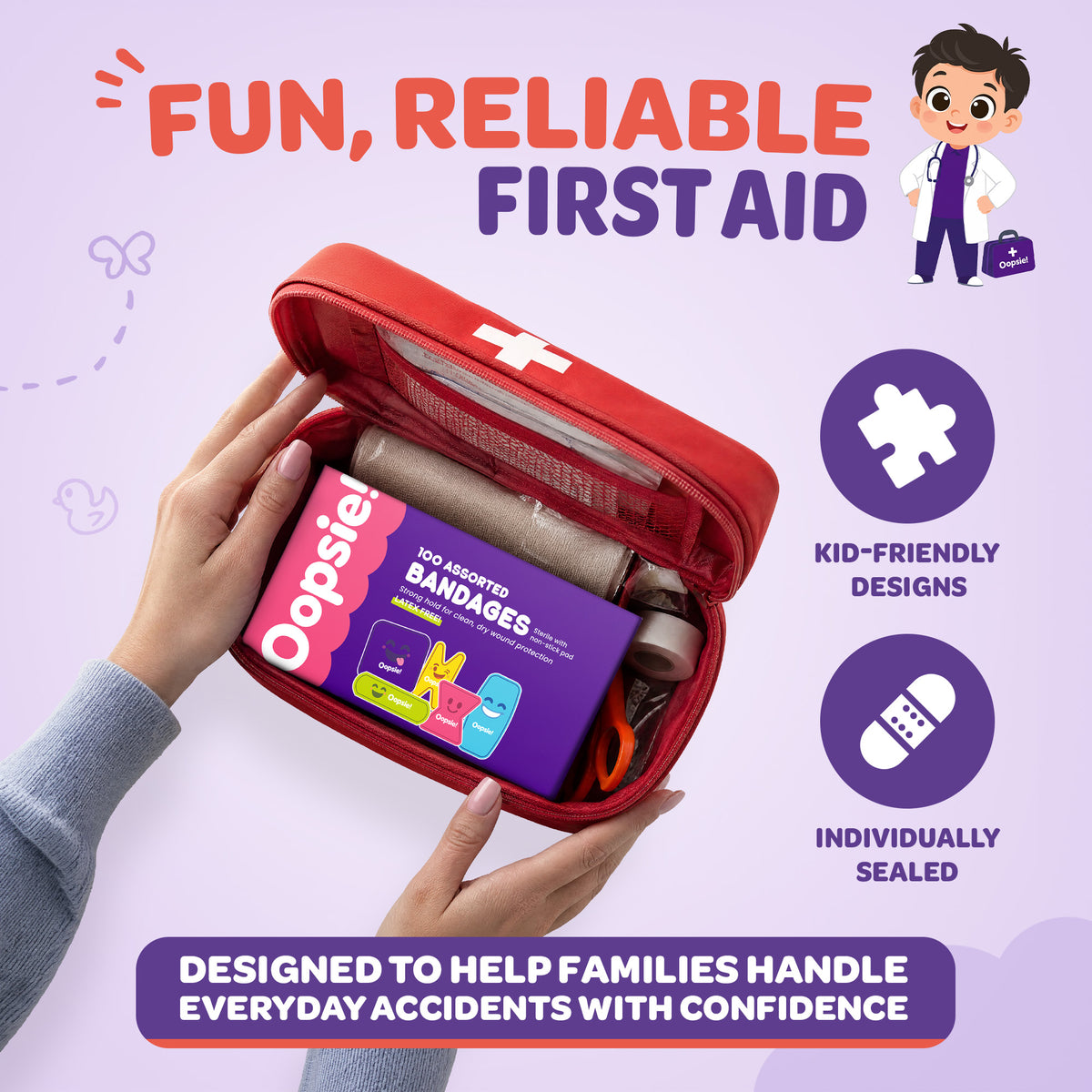 Oopsie Kids Adhesive Bandages - 100 Count, Assorted Sterile Latex-Free Designs