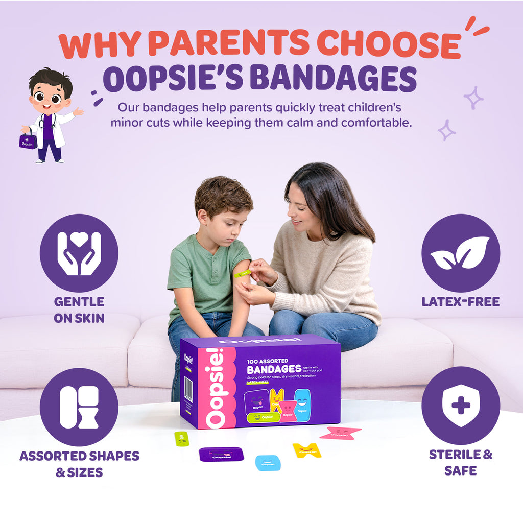 Oopsie Kids Adhesive Bandages - 100 Count, Assorted Sterile Latex-Free Designs
