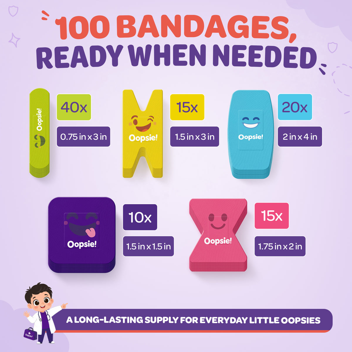 Oopsie Kids Adhesive Bandages - 100 Count, Assorted Sterile Latex-Free Designs