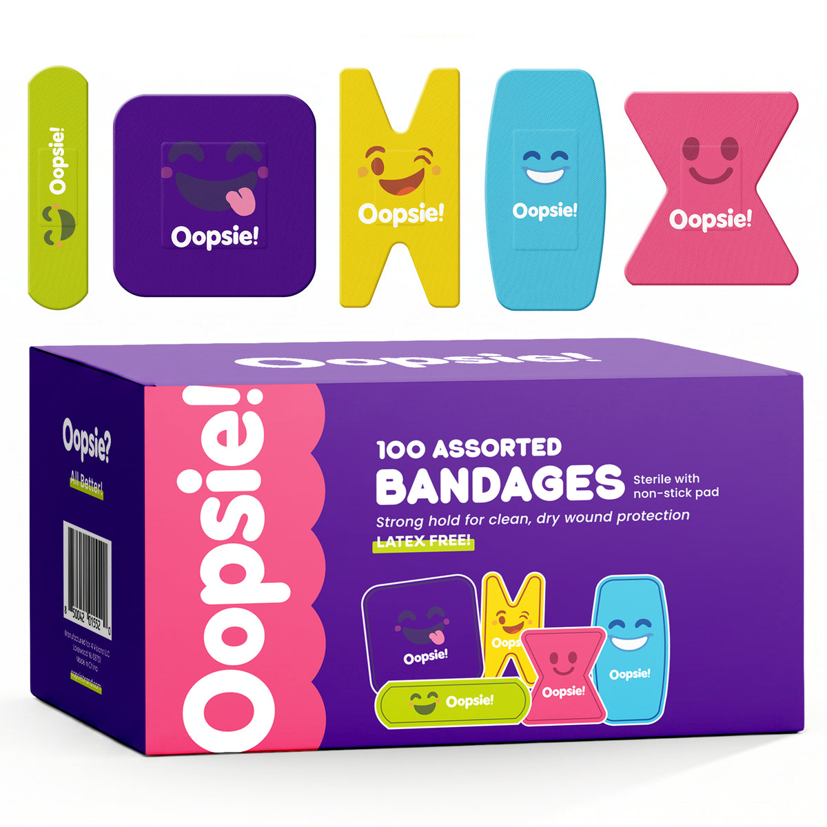 Oopsie Kids Adhesive Bandages - 100 Count, Assorted Sterile Latex-Free Designs